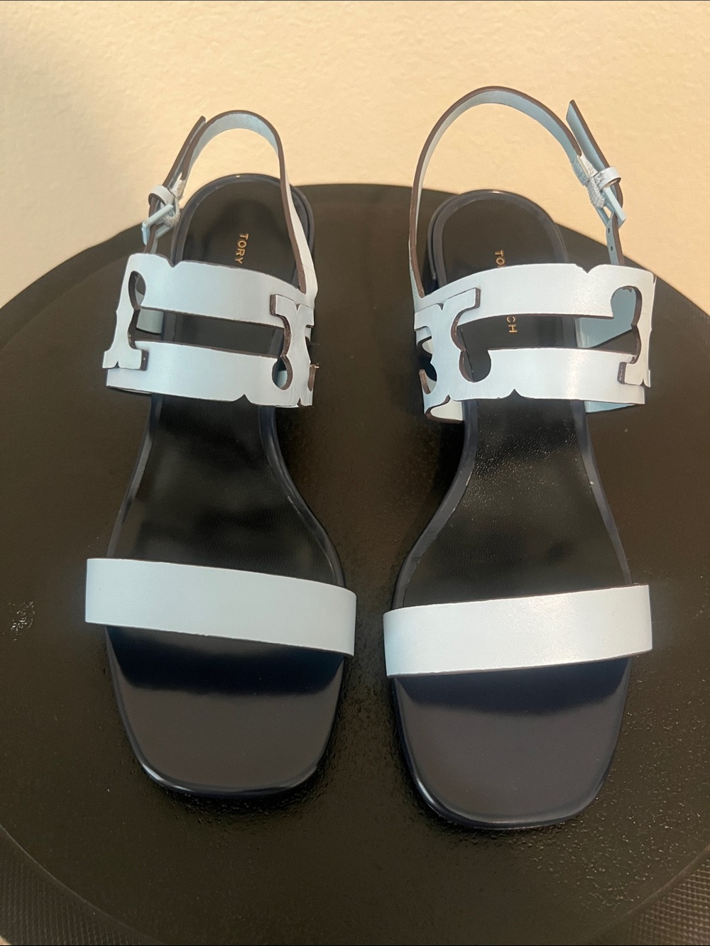 Tory Burch Ines Cage Heel Sandals 50mm Pale Lapis Perfect Navy Size 9 New